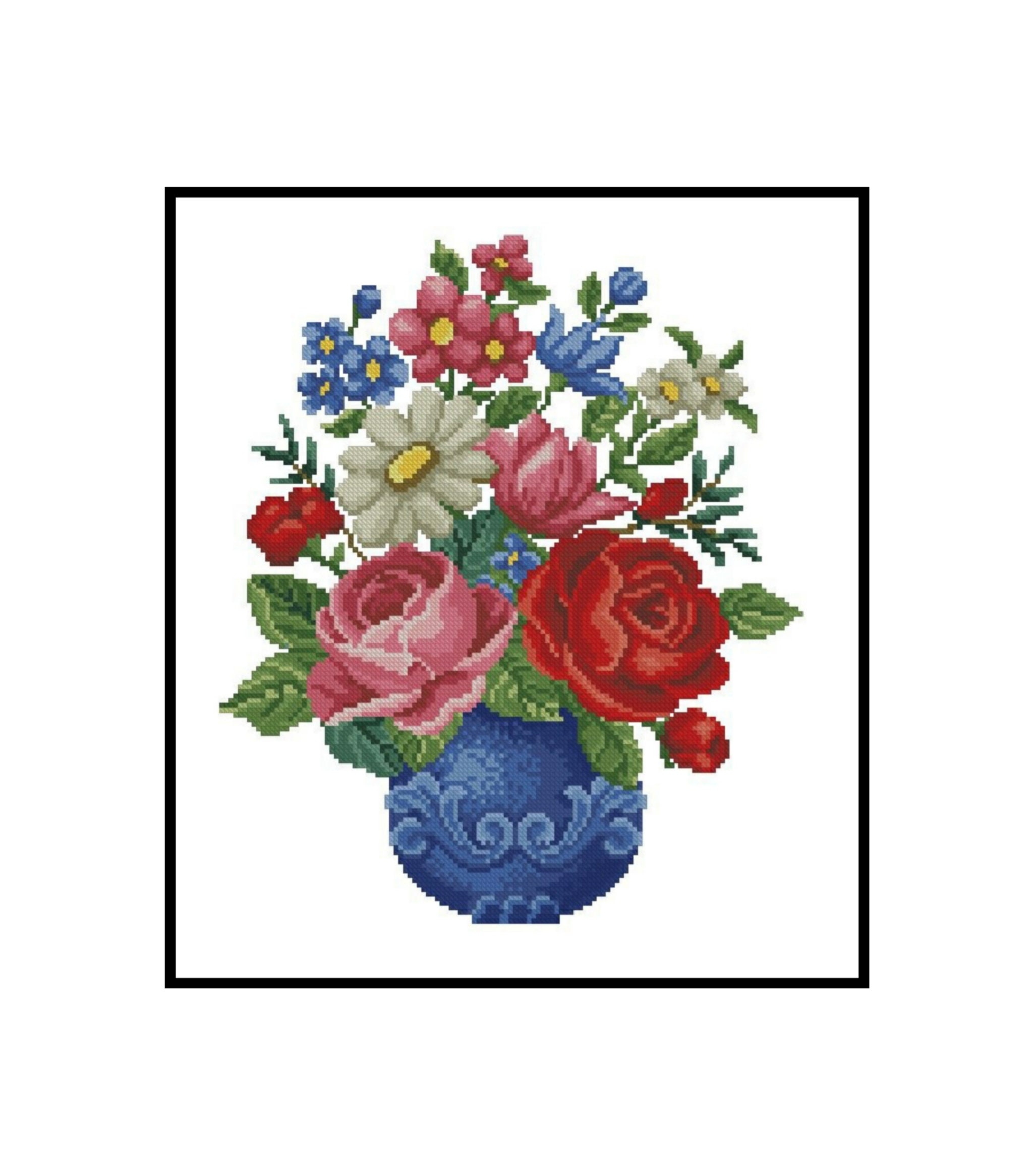 Bouquet Flowers Rose Daisy Blue Antique Vase Embroidery Counted Cross stitch Instant Download PDF Pattern