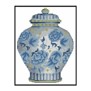Oriental Blue White Ginger Chinese Jar Vase Counted Cross stitch Instant Download PDF Pattern