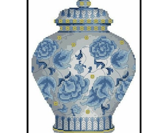 Oriental Blue White Ginger Chinese Jar Vase Counted Cross stitch Instant Download PDF Pattern