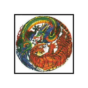 May include: A colorful illustration of a green dragon and an orange tiger intertwined in a circle. The dragon has blue and yellow accents, and the tiger has black stripes.