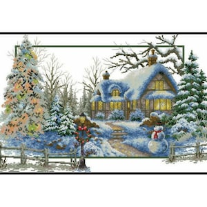 Stagione invernale Pupazzo di neve Cottage Albero di Natale Giardino di neve Ricamo contato Punto croce Scarica istantaneamente il modello PDF