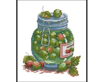 Pot de confiture de groseilles à maquereau, aliments comptés au point de croix, téléchargement immédiat, modèle PDF