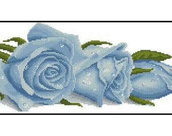 Blue Rose Dew Flowers Embroidery Counted Cross stitch Instant Download PDF Pattern