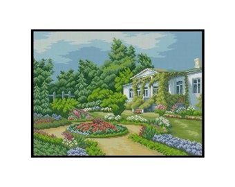 Mansion House Backyard Garden Plants Pathway Embroidery Counted Cross stitch Instant Download PDF Pattern