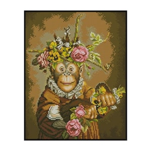 Monkey Dress Rose Flowers Plants Counted Cross stitch Instant Download PDF Pattern