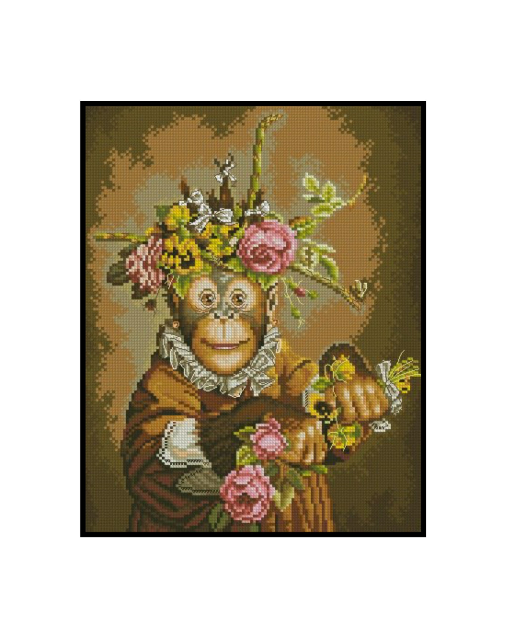 Monkey Dress Rose Flowers Plants Counted Cross stitch Instant Download PDF Pattern