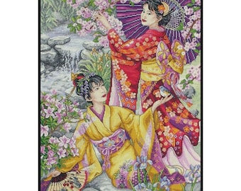 Japanese Kimono Women Cross Stitch Pattern: Sakura Garden (PDF Pattern)