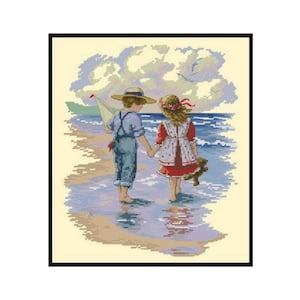 Holding Hands Cross Stitch Pattern: Seaside Childhood (PDF Pattern)