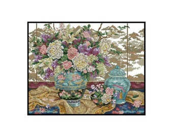 Oriental Splendor Vintage Chinese Vase Floral Bouquet Flowers Embroidery Counted Cross stitch Instant Download PDF Pattern