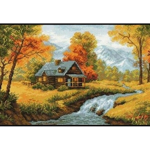 Autumn Lakeside Cottage Cross Stitch Pattern (PDF Download)