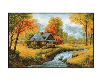Autumn Lakeside Cottage Cross Stitch Pattern (PDF Download)