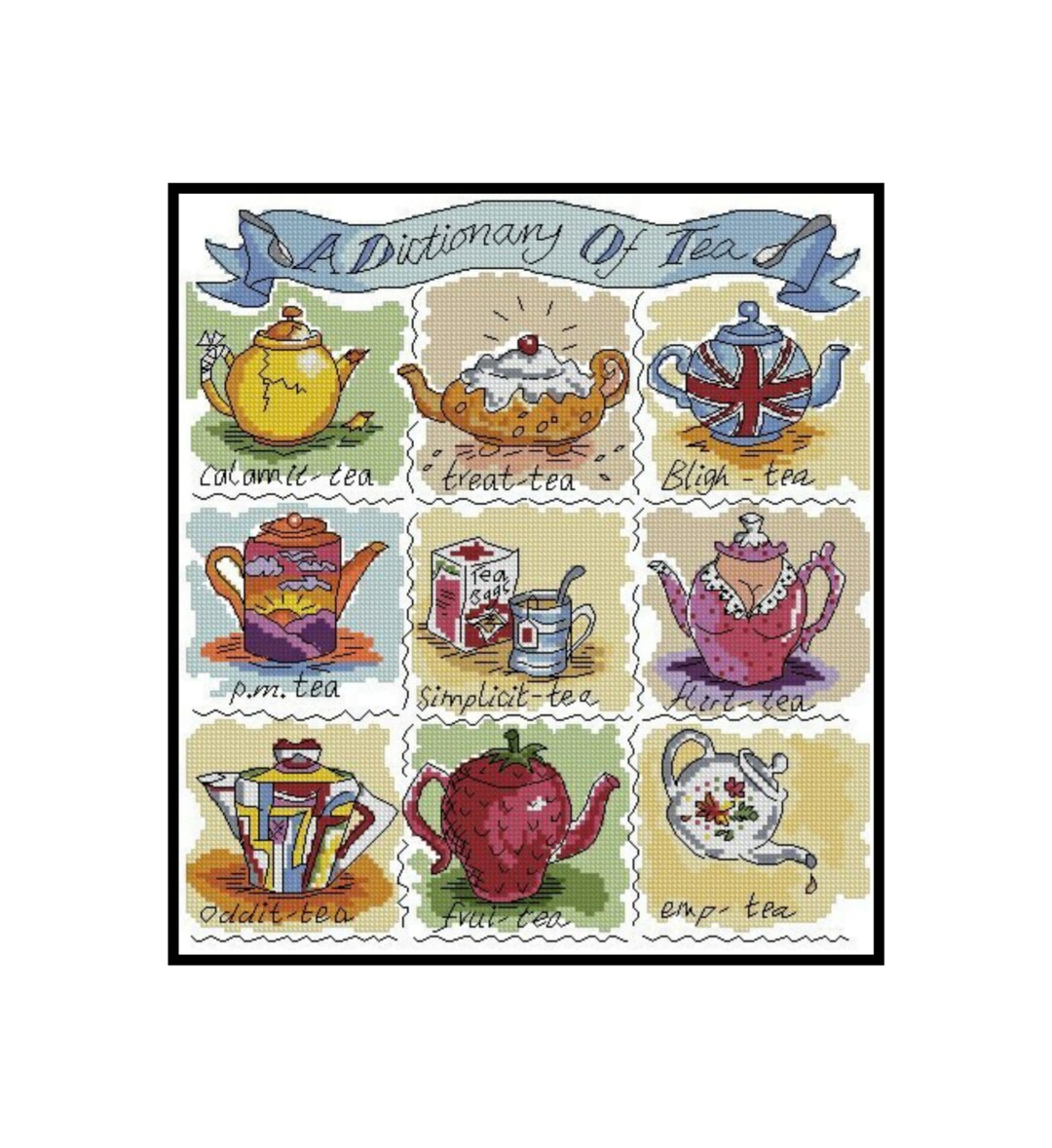 Tea Dictionary Kettle Pot Kitchen Counted Cross Stitch Instant Download