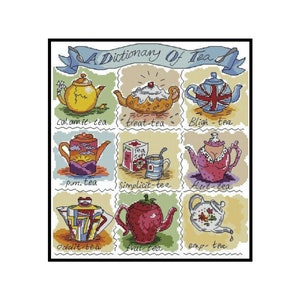 May include: A dictionary of tea types illustrated with colourful teapots. Each teapot has a unique design and a name for the tea type, such as "Calamit-tea", "Treat-tea", and "Bligh-tea".