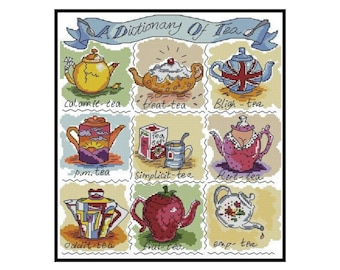 May include: A dictionary of tea types illustrated with colorful teapots. Each teapot has a unique design and a name for the tea type, such as "Calamit-tea", "Treat-tea", and "Bligh-tea".
