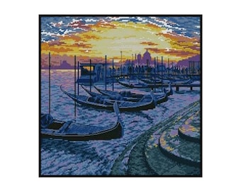 Venice Canal River Boats Sunrise Italy Counted Cross stitch Instant Download PDF Pattern