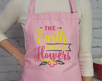 Tablier de jardinage brodé : fleurs qui rient de la terre, cou réglable