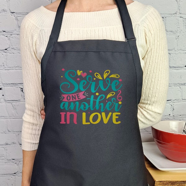 Bible verse apron Serve one another Galatians 5:13-14 embroidered kitchen accessory cute gift for her with pockets