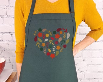 Fall leaves apron leaf heart embroidered autumn  baking kitchen seasonal gift apron with pockets and adjustable neck embroidered