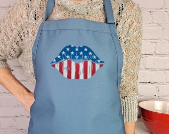 Embroidered Patriotic Apron: American Flag Lips, Adjustable Neck