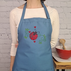 Ladybug Embroidered Apron: Adjustable Neck, Gardening Pockets