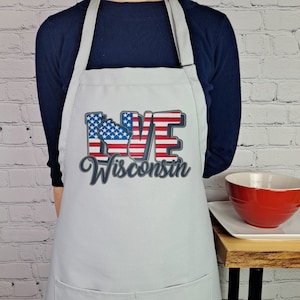 Love Wisconsin Apron, Patriotic Wisconsin State Kitchen Apron, USA Flag Embroidered Cooking Apron