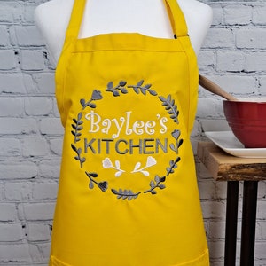 Customizable embroidered apron Personalize name kitchen apron great gift for her Yellow