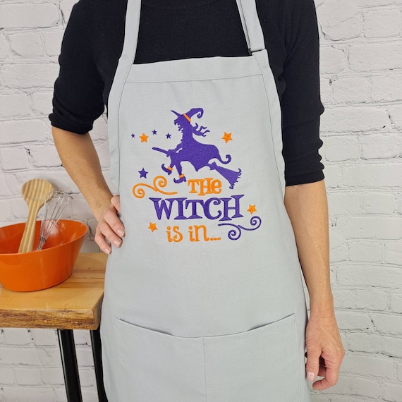The Witch Is In Apron | Embroidered Halloween Kitchen Apron | Spooky Fall Baking Gift