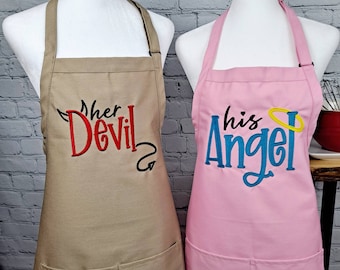 Couple Apron set angel and devil apron his hers embroidery baking apron