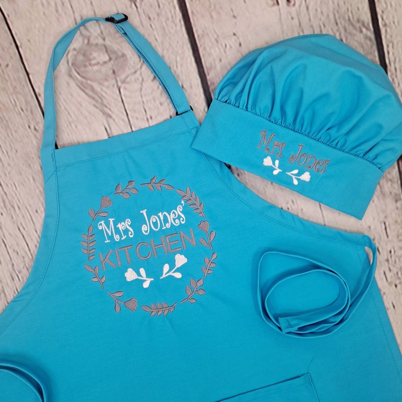 Customizable embroidered apron Personalize name kitchen apron great gift for her Turquoise