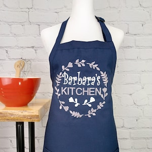Customizable embroidered apron Personalize name kitchen apron great gift for her Navy