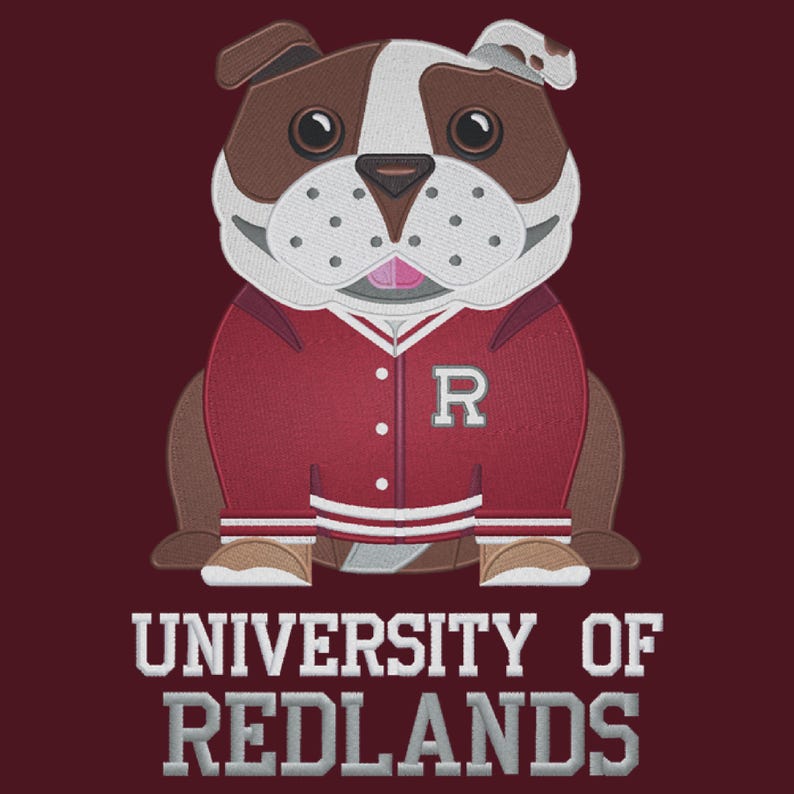 May include: A cartoon bulldog wearing a red and white varsity jacket with the letter "R" on the front. The bulldog is standing on a maroon background with the text "UNIVERSITY OF REDLANDS" below it.