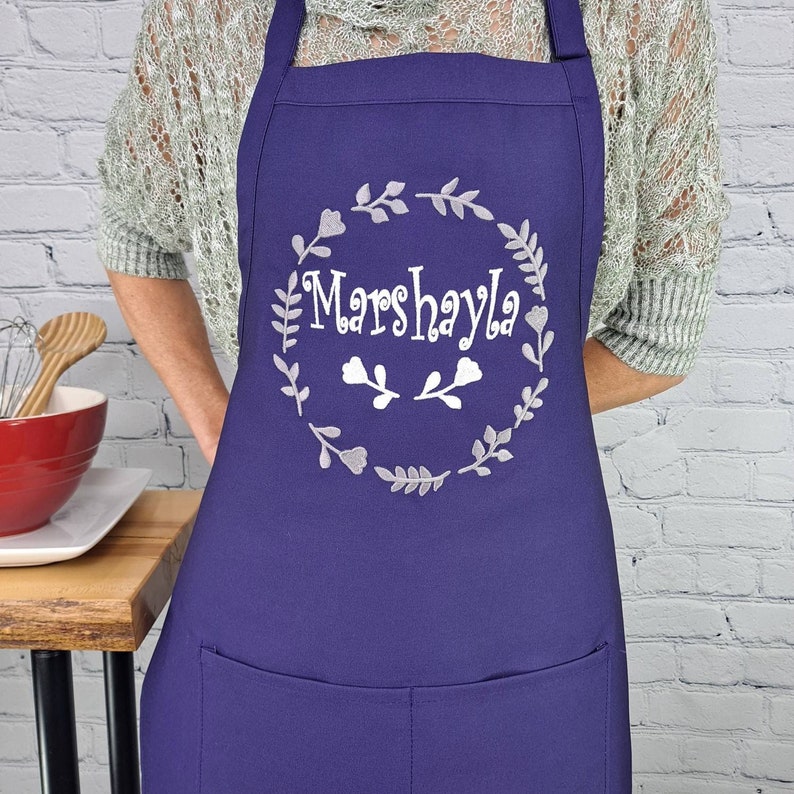 Customizable embroidered apron Personalize name kitchen apron great gift for her Purple