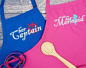 Embroidered Captain & Mermaid Aprons: Nautical Couple's Gift