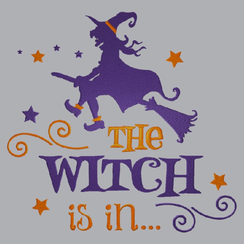 Puede incluir: Silueta morada de una bruja volando en una escoba con estrellas naranjas y el texto "The Witch is in..." en naranja.