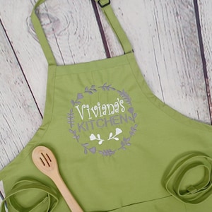 Customizable embroidered apron Personalize name kitchen apron great gift for her Sage