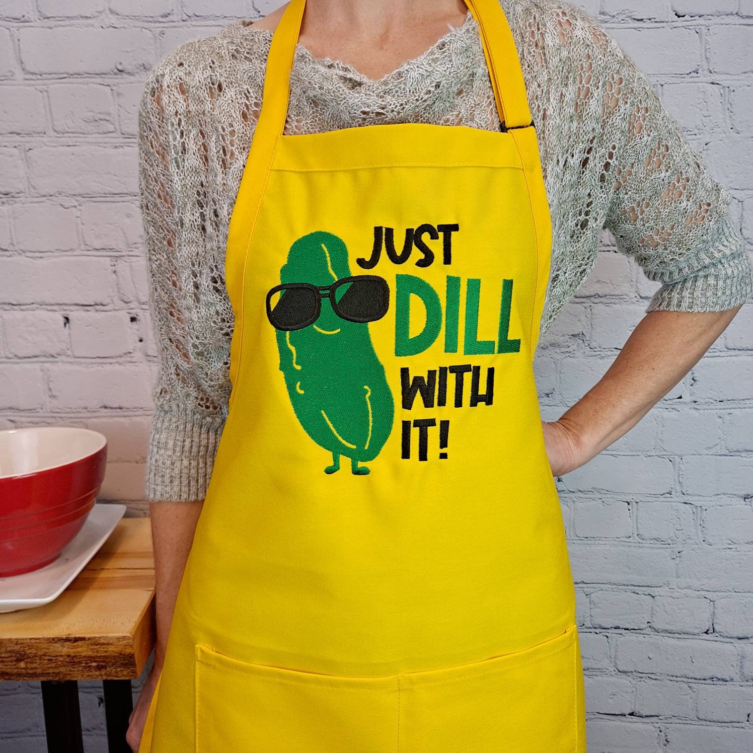 Dill Pickle Humor kitchen apron Just dill with it embroidered apron –  Threaded Stitch