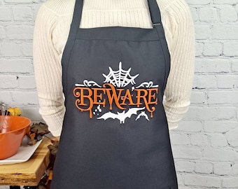 Beware Halloween Apron | Embroidered Spider Web and Bat | Spooky Kitchen Apron | Fall Baking Gift