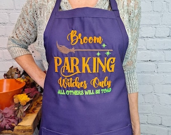 Halloween apron witch broom parking only trick or treat embroidered with pockets adjustable neck hostess gift