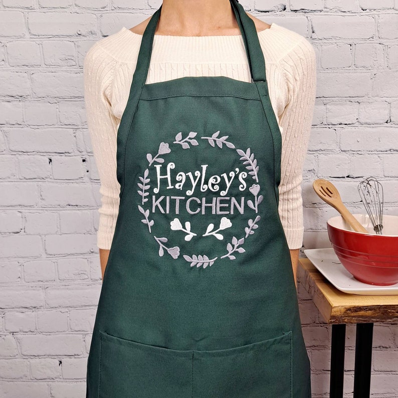 Customizable embroidered apron Personalize name kitchen apron great gift for her Hunter Green