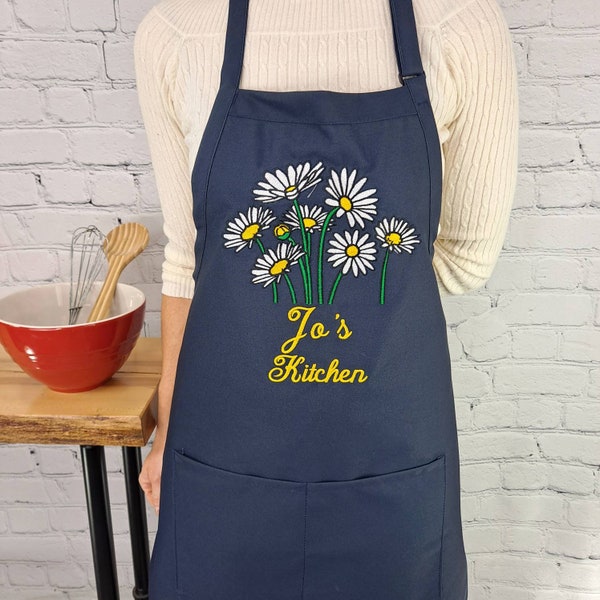 Customizable daisy embroidered apron Personalize name kitchen apron great gift for her