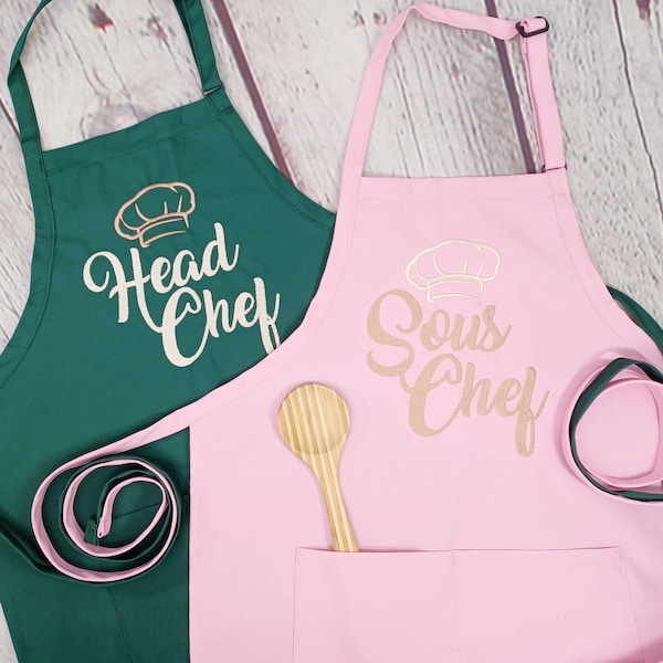Matching Apron Head chef sous chef couples cook together embroidered with pockets