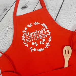 Customizable embroidered apron Personalize name kitchen apron great gift for her Red