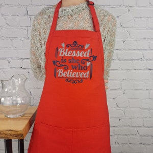 Inspirational apron blessed is she who believed kitchen accessory embroidered with pockets and adjustable neck