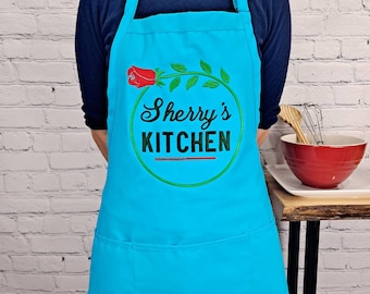 Grembiule ricamato personalizzato: fiore di rosa, nome personalizzato, grembiule da cucina da chef