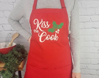 Embroidered Christmas Apron: Kiss The Cook, Mistletoe Design, USA Made