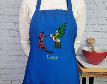Personalized Hummingbird Bib with Embroidered Name Floral Kitchen Gift