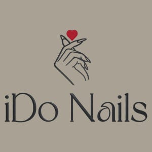 May include: A black and white line drawing of a hand making a heart shape with a small red heart on the fingertip. The text "iDo Nails" is below the hand.