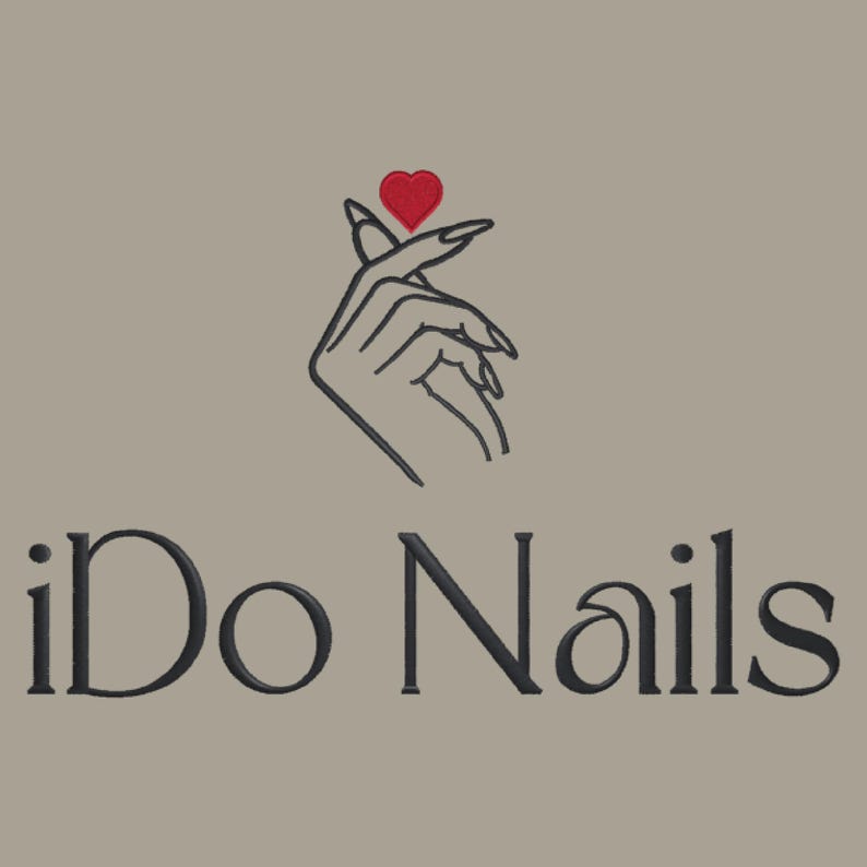 May include: A black and white line drawing of a hand making a heart shape with a small red heart on the fingertip. The text "iDo Nails" is below the hand.
