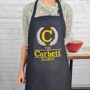 Custom Family Name Apron with Embroidered Monogram, Personalized Kitchen Apron, Cooking Apron for Men & Women, Gift for Him or Her