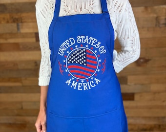 Embroidered Patriotic Apron: USA Flag, 4th of July Gift